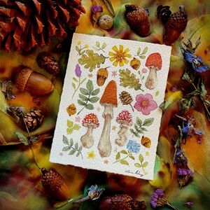 Original art Woodland watercolor gouache mushrooms leaves flowers acorns forest